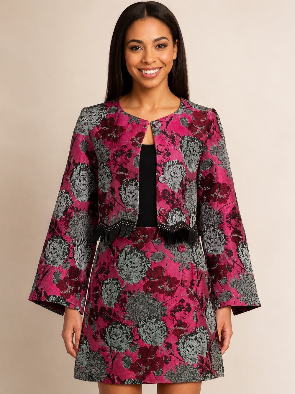 NWT Abbey Glass Kennedy Jacket Hot Pink Vintage Dahlia Jacquard Sz XS